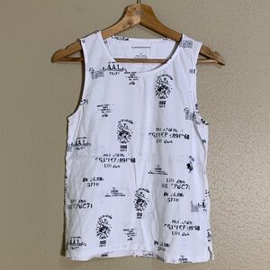 Anthropologie women’s Sleeveless Tank Top White Blue Print Postal Graphic Size S